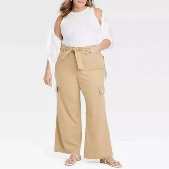 Sz 17 High-Rise Wide Leg Cargo Pants - Ava & Viv™ Tan - Picture 1 of 7